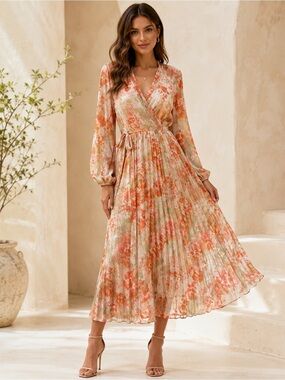 Beulah Peach and Cream Floral Wrap Midi Dress